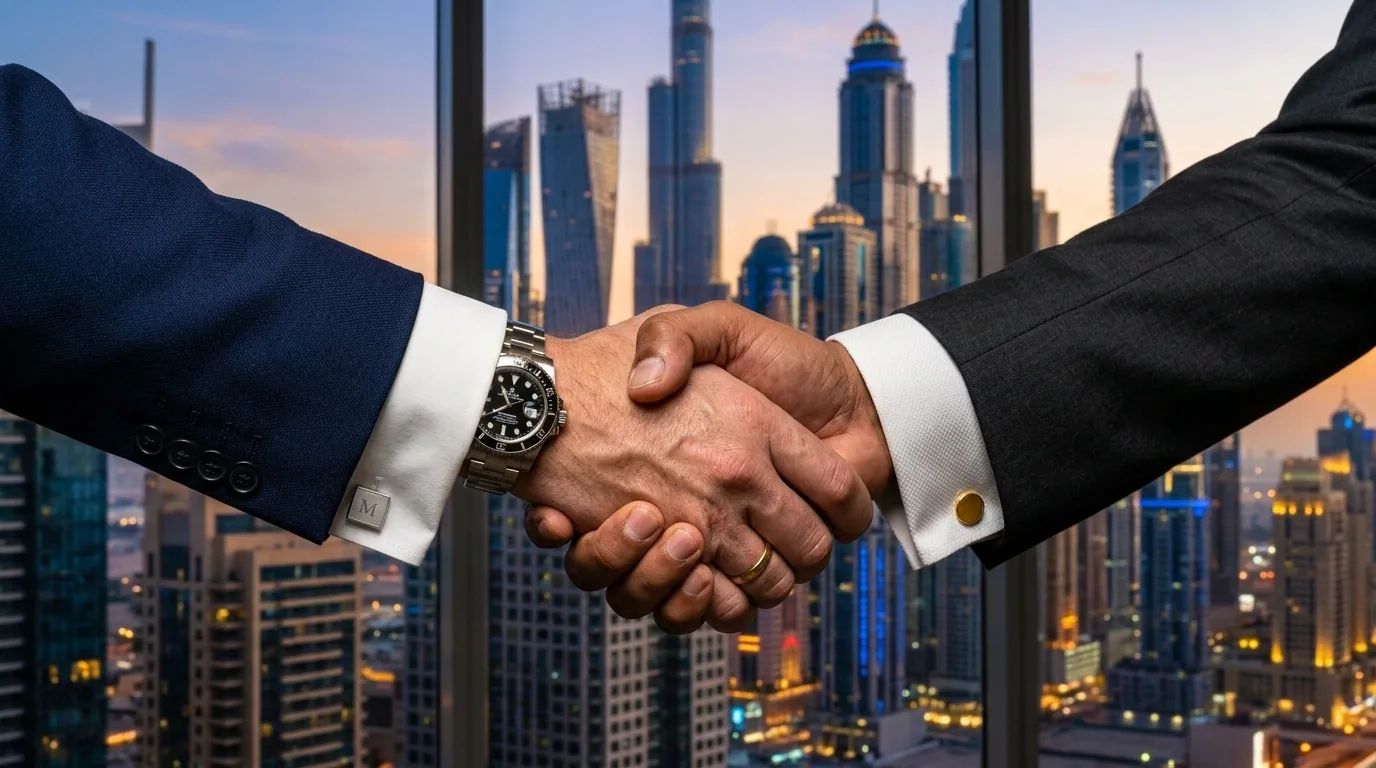Business Handshake Dubai Skyline